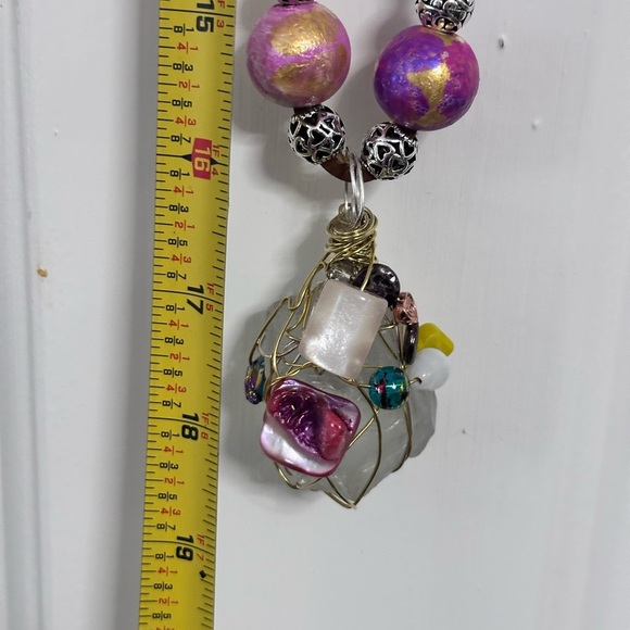 Handmade beach glass pendant embellished wire wrapped and beaded on leather cord - Picture 11 of 16